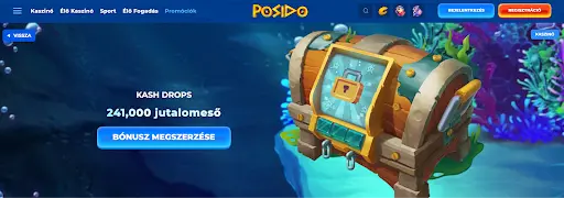 Kash Drops akció a Posido kaszinóban – szerezd meg a részesedésed a 241,000 Ft értékű jutalomesőből. Kincsesláda tengeri háttérrel a Posido kaszinóban, „Kash Drops” promóció 241,000 jutalommal.