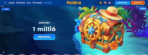Csatlakozz a Posido Spin Fest promócióhoz és nyerj 1 millió forintot egy nyári hangulatú kalandban. Kincsesláda kalapos díszítéssel egy tenger alatti háttérrel, a Posido kaszinó „Spin Fest” promóciója 1 millió forintos nyereménnyel.