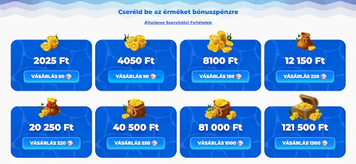 Érmék cseréje bónuszpénzre a Posido kaszinóban különböző összegekért: 2025 Ft-tól 121500 Ft-ig