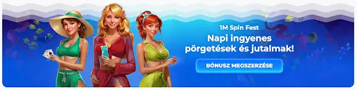1M Spin Fest a Posido kaszinóban – vegyél részt a napi ingyenes pörgetéseken és nyereményekben. Három női karakter a Posido kaszinó promóciós képén, háttérben víz alatti elemek, felirat: „Napi ingyenes pörgetések és jutalmak”.
