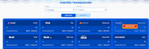 Elérhető fizetési módok Magyarországon: FunID, Visa, Mastercard, Skrill, Skrill 1-Tap, Utorg, Jeton, Paysafecard, 0% díj és különböző limitek.